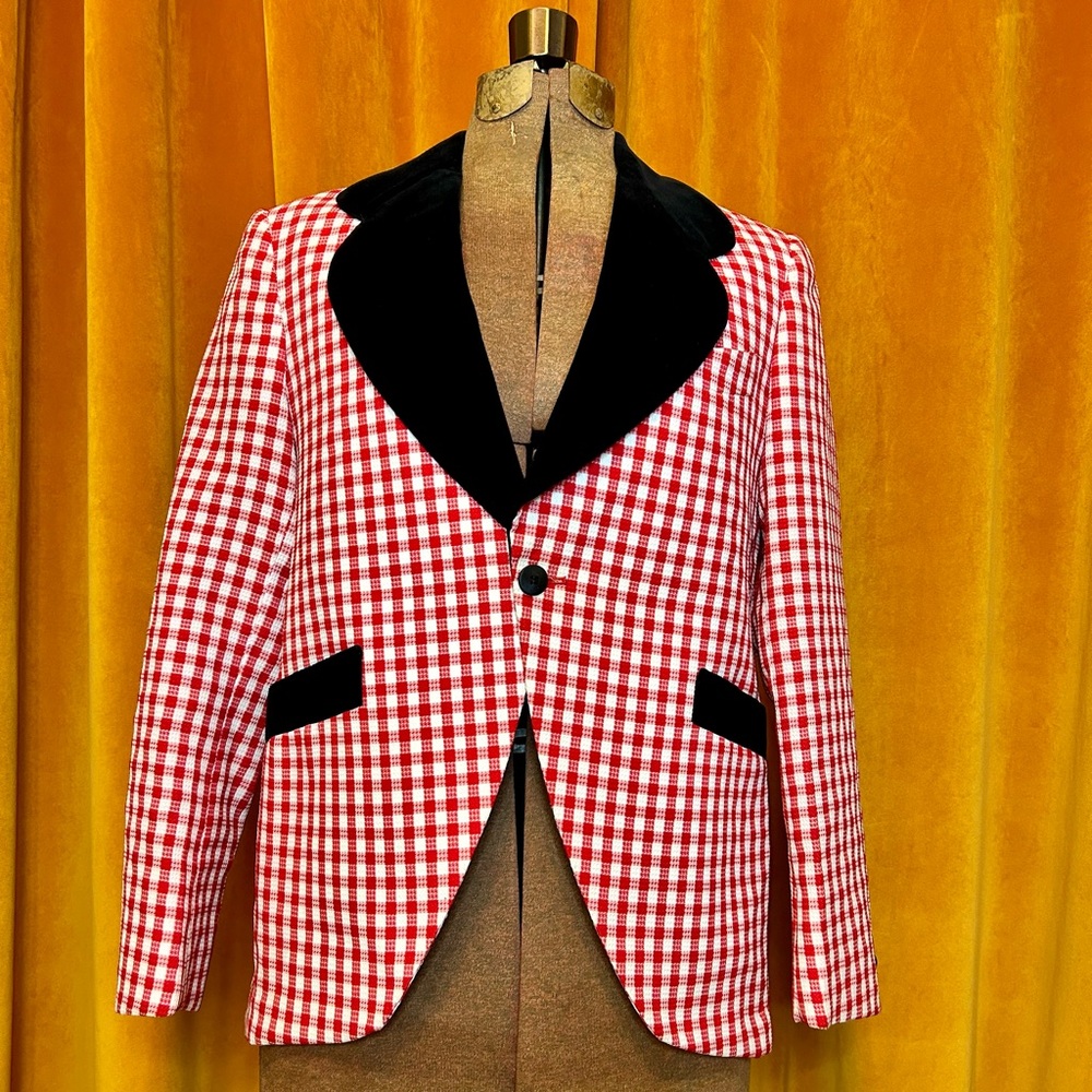 Vintage 70s Disco Jacket Red and White Checkered Plaid Large Black Velvet Collar